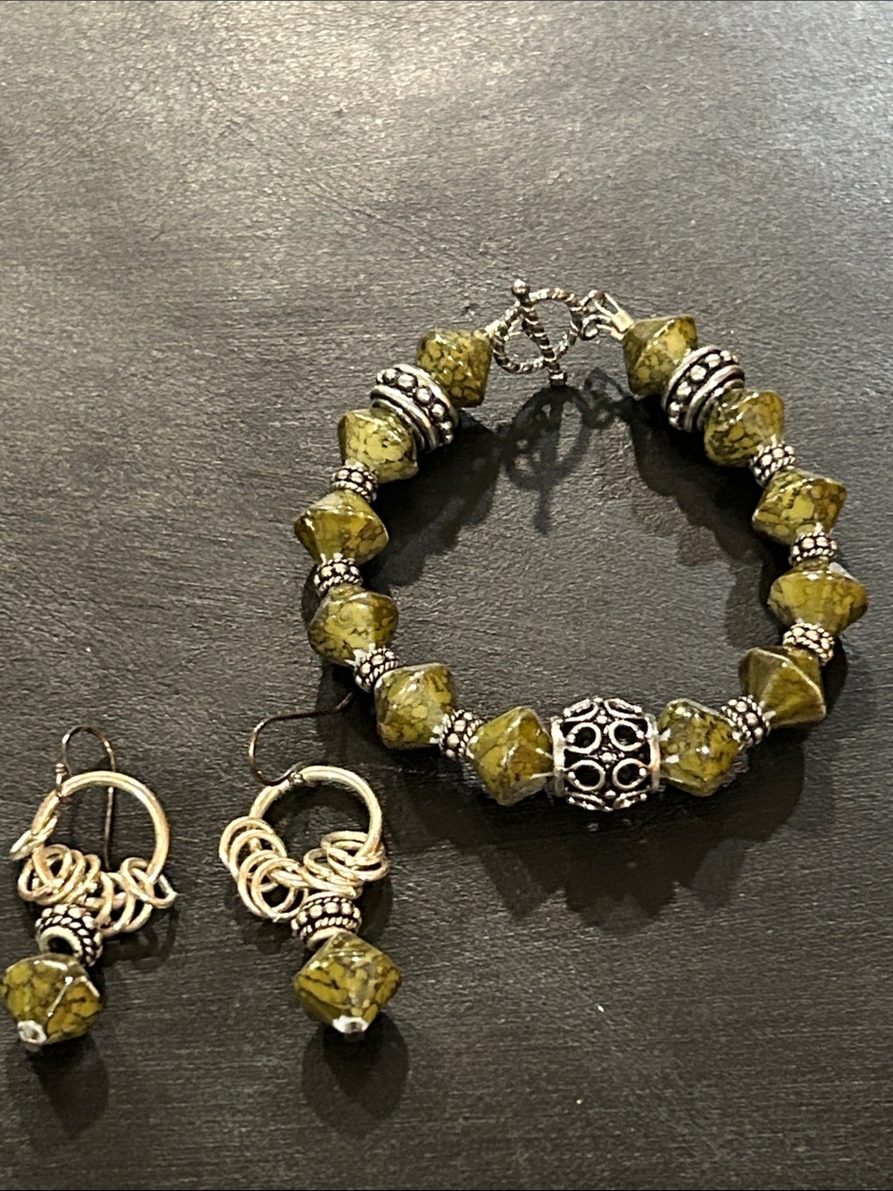 Olive Green Beaded Bracelet and Earring Set with Silver Accents